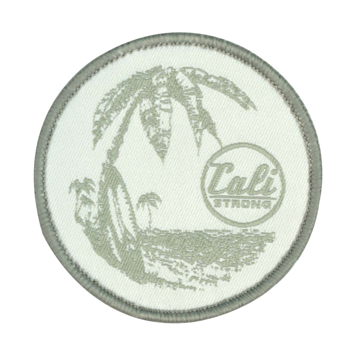 CALI Strong Palm Tree Surf Board Silver White Round Embroidered Hook-and-Loop Morale Patch - Patches - Image 1 - CALI Strong